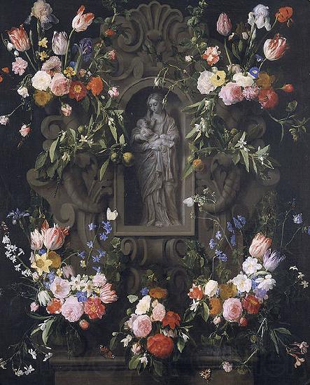 Daniel Seghers Garland of flowers with a sculpture of the Virgin Mary Spain oil painting art